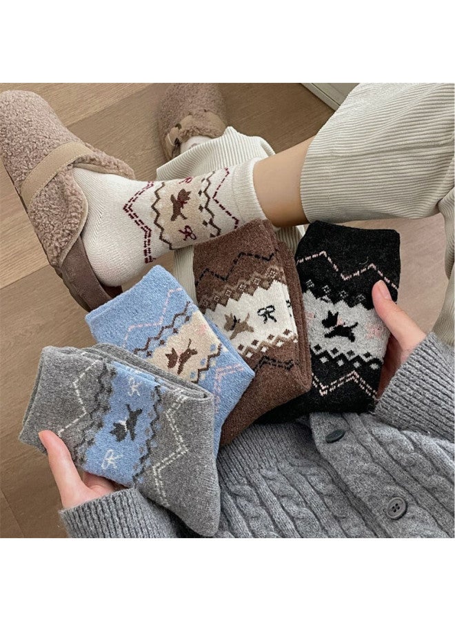Yuzhaolin 4 Pairs Island Style Vintage Dog Socks Women Autumn Winter Thickened Warm Cartoon Bowknot Cute Mid-calf Socks - Image 1