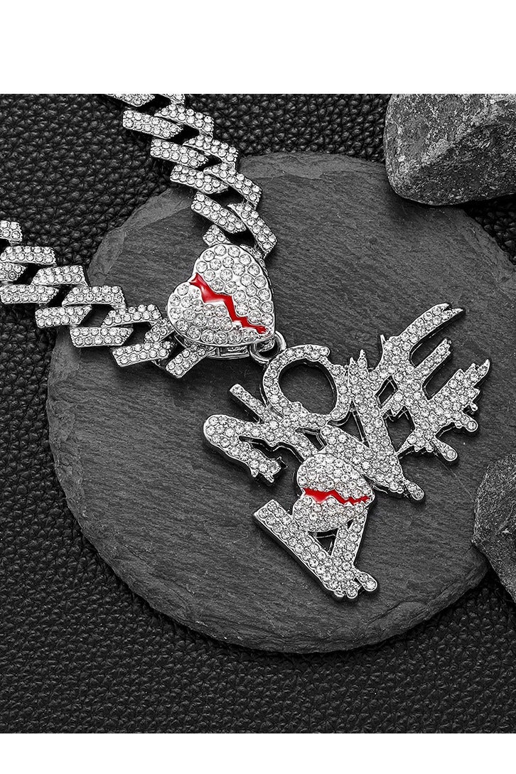 GELESE European And American Hip-hop Full-diamond Stitching Letter Love Pendant Men's Clavicle Chain Heartbroken Letter Nolve Cuban Necklace - Image 3