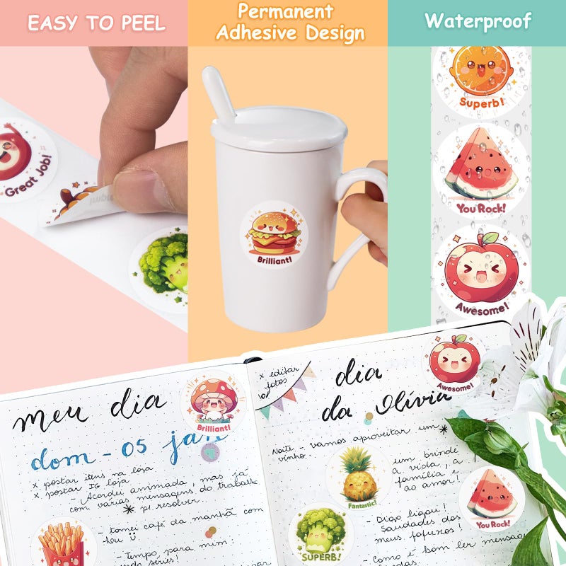 JIXZEN 3 Rolls Cute Food Stickers for Toddlers 2-4, 24 Designs Fruit/Vegetable/Snack Stickers Bulk for Kids, 1500 PCS Motivational Vinyl Stickers for Teacher Classroom Prizes, Homeschool Supplies(1.0 Inch) - Image 4