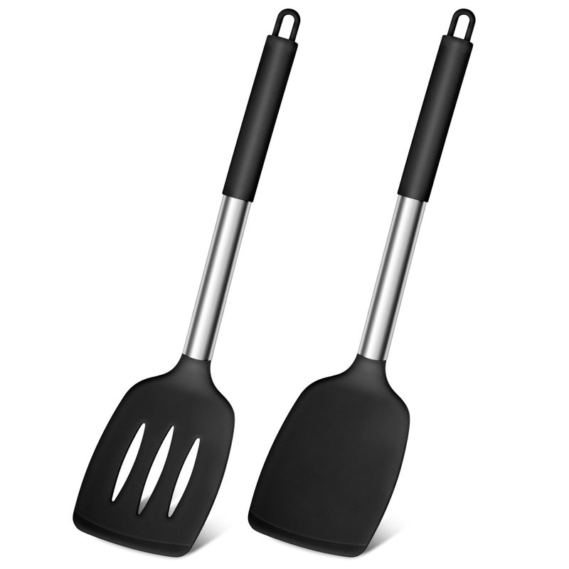 Joyfair Silicone Spatula Stainless Steel Spatula Pack of 2 Cooking TurnerNon Stick Kitchen Slotted Utensil Set Ideal for Fish Eggs Pancakes Heat Resistant  Dishwasher Safe Black