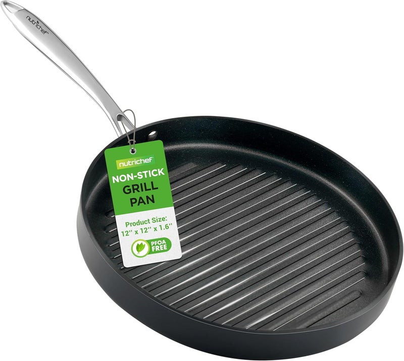 NutriChef مقلاة شواية غير لاصقة 12 بوصة - مصنوعة من الألمنيوم المعالج بالأنودة الصعبة وخالية من PFOA لتسخين متساوي، مقابض قوية مثبتة، مناسبة للطهي الداخلي، متوافقة مع مواقد الغاز والسيراميك والزجاج والهالوجين. - Image 1