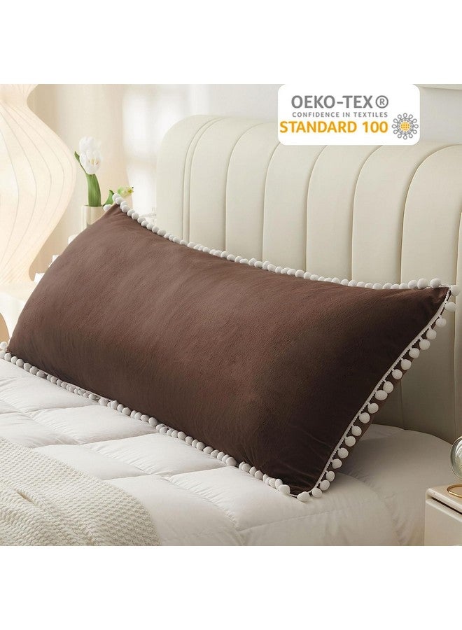 Cottonfry Ultra Soft Velvet Body Pillow Cover/Case Pillowcase with Hidden Zipper, Zippered Body Pillow Case (Brown with Pompom, 20x54) - Image 3