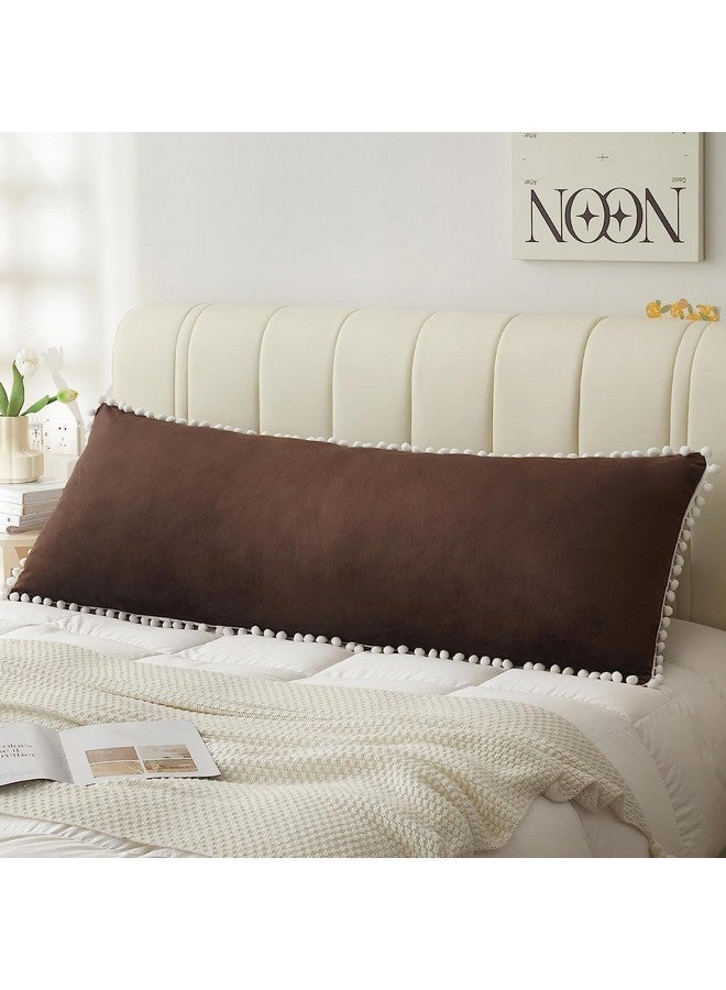 Cottonfry Ultra Soft Velvet Body Pillow Cover/Case Pillowcase with Hidden Zipper, Zippered Body Pillow Case (Brown with Pompom, 20x54) - Image 1