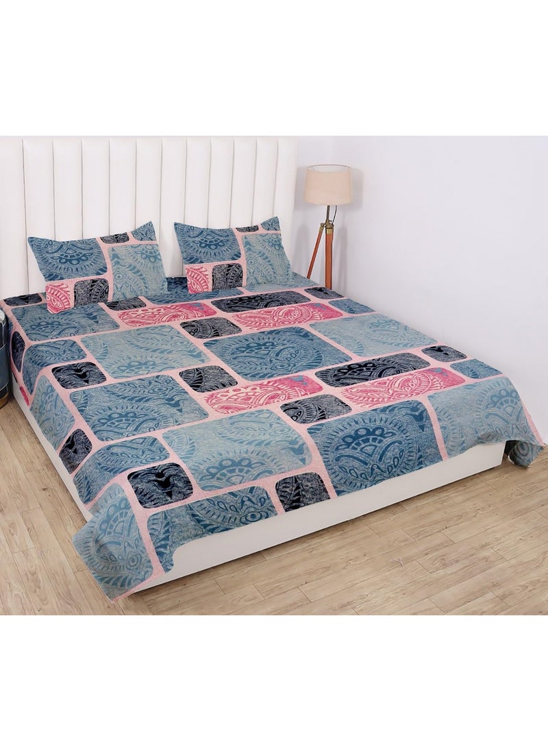 PRINDA PRINDA Casement Premium 100 Cotton 300 TC Flat King Size Bedsheet108 x 100 with 2 Pillow Covers Color Sky Box Pattern Abstract  - Image 4