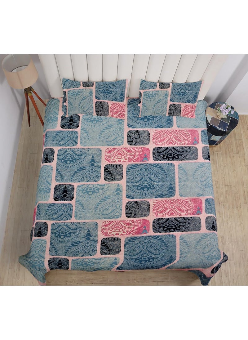 PRINDA PRINDA Casement Premium 100 Cotton 300 TC Flat King Size Bedsheet108 x 100 with 2 Pillow Covers Color Sky Box Pattern Abstract  - Image 2