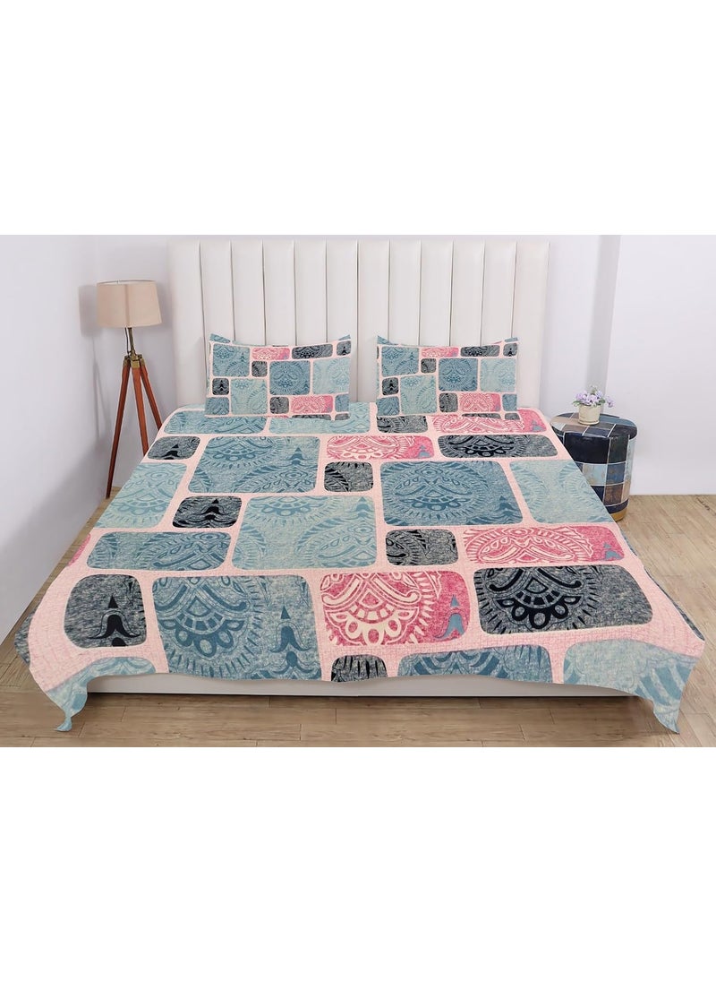 PRINDA PRINDA Casement Premium 100 Cotton 300 TC Flat King Size Bedsheet108 x 100 with 2 Pillow Covers Color Sky Box Pattern Abstract  - Image 3