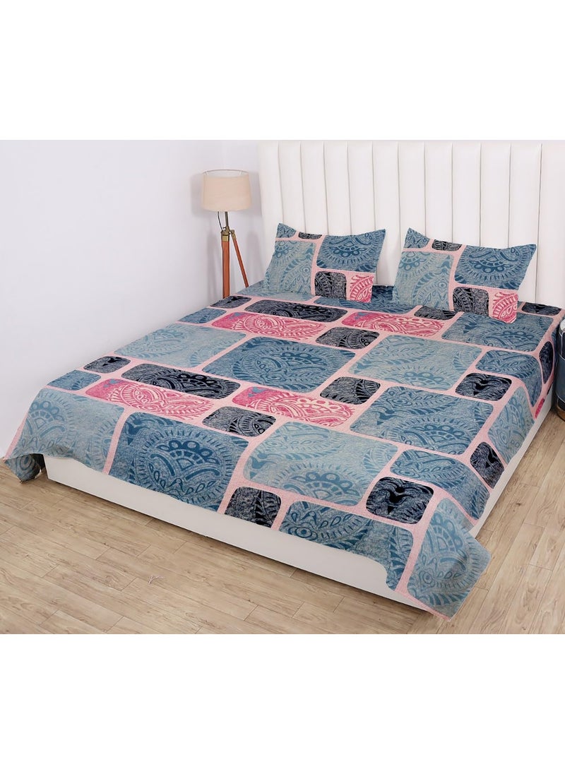 PRINDA PRINDA Casement Premium 100 Cotton 300 TC Flat King Size Bedsheet108 x 100 with 2 Pillow Covers Color Sky Box Pattern Abstract  - Image 1