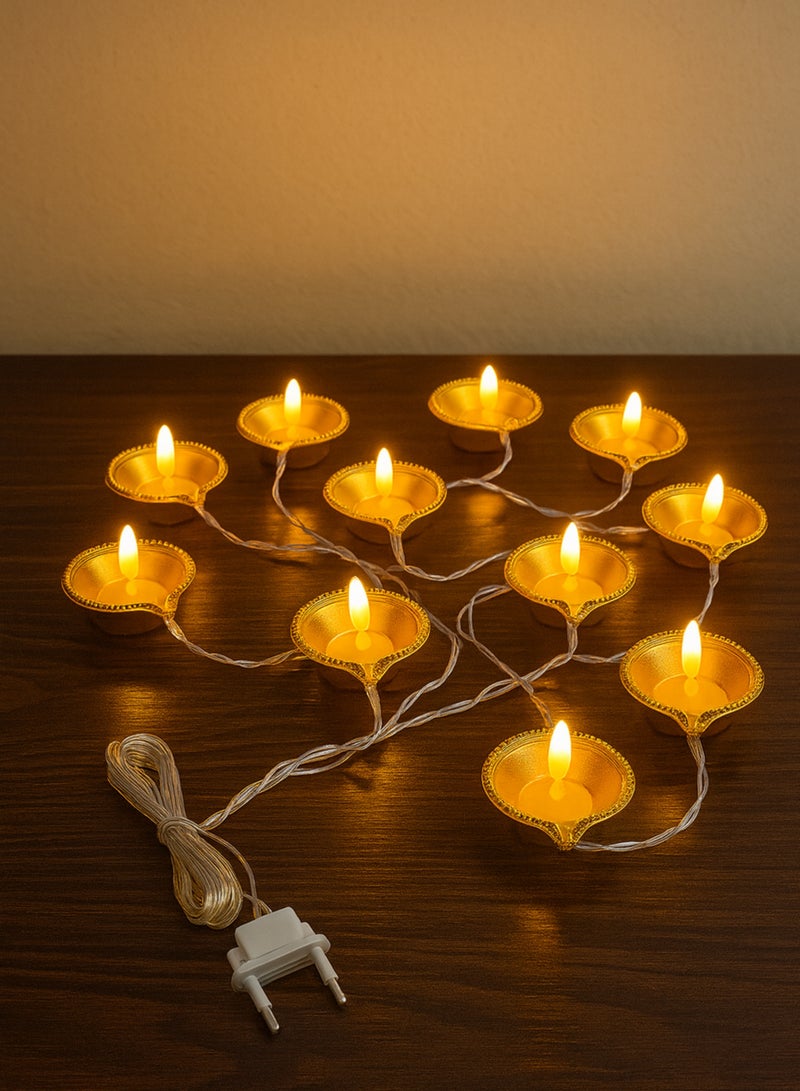 18 Pcs Golden Diya LED String Lights – Warm White Decorative Diya Lights for Diwali, Christmas, Navratri, Wedding, Pooja & Home Décor – Plug-in Festival Decorative Lights - Image 1