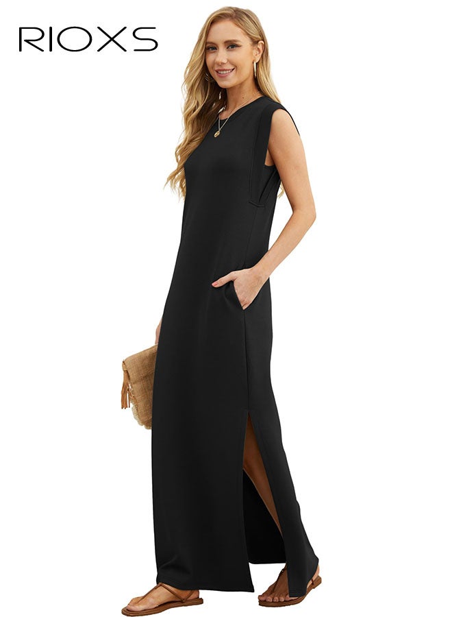 ريوكس فساتين نسائية، فستان نسائي طويل برقبة مستديرة، فستان كاجوال فضفاض خالٍ من التجاعيد، فستان ماكسي نسائي بجيوب جانبية، فستان كلاسيكي بدون أكمام بلون خفيف، فستان بدون أكمام كلاسيكي، فساتين بطول الكاحل للنساء، فستان عصري للعمل/العطلات/التسوق/الملابس اليومية - Image 1