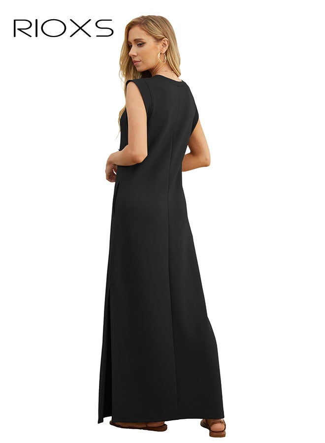 ريوكس فساتين نسائية، فستان نسائي طويل برقبة مستديرة، فستان كاجوال فضفاض خالٍ من التجاعيد، فستان ماكسي نسائي بجيوب جانبية، فستان كلاسيكي بدون أكمام بلون خفيف، فستان بدون أكمام كلاسيكي، فساتين بطول الكاحل للنساء، فستان عصري للعمل/العطلات/التسوق/الملابس اليومية - Image 4