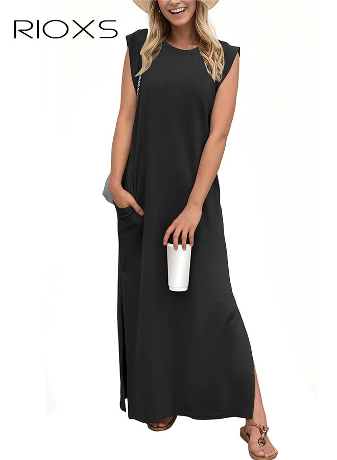 ريوكس فساتين نسائية، فستان نسائي طويل برقبة مستديرة، فستان كاجوال فضفاض خالٍ من التجاعيد، فستان ماكسي نسائي بجيوب جانبية، فستان كلاسيكي بدون أكمام بلون خفيف، فستان بدون أكمام كلاسيكي، فساتين بطول الكاحل للنساء، فستان عصري للعمل/العطلات/التسوق/الملابس اليومية - Image 2