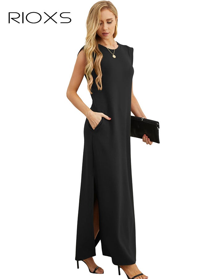 ريوكس فساتين نسائية، فستان نسائي طويل برقبة مستديرة، فستان كاجوال فضفاض خالٍ من التجاعيد، فستان ماكسي نسائي بجيوب جانبية، فستان كلاسيكي بدون أكمام بلون خفيف، فستان بدون أكمام كلاسيكي، فساتين بطول الكاحل للنساء، فستان عصري للعمل/العطلات/التسوق/الملابس اليومية - Image 3