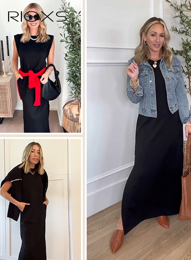 ريوكس فساتين نسائية، فستان نسائي طويل برقبة مستديرة، فستان كاجوال فضفاض خالٍ من التجاعيد، فستان ماكسي نسائي بجيوب جانبية، فستان كلاسيكي بدون أكمام بلون خفيف، فستان بدون أكمام كلاسيكي، فساتين بطول الكاحل للنساء، فستان عصري للعمل/العطلات/التسوق/الملابس اليومية - Image 5