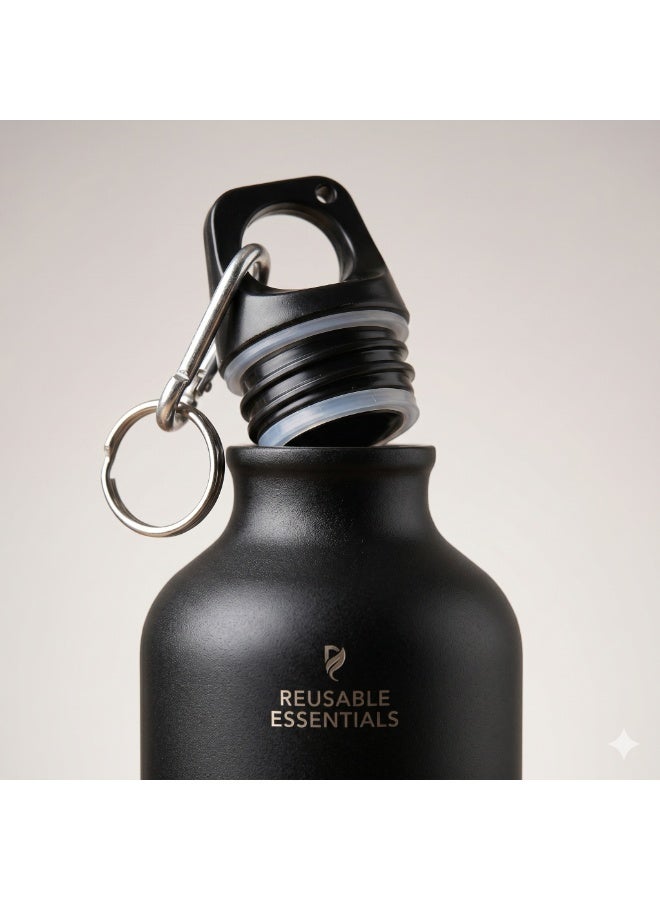Aluminium Sports Water Bottle with Carabiner Clip, 500ml, Black - Image 2