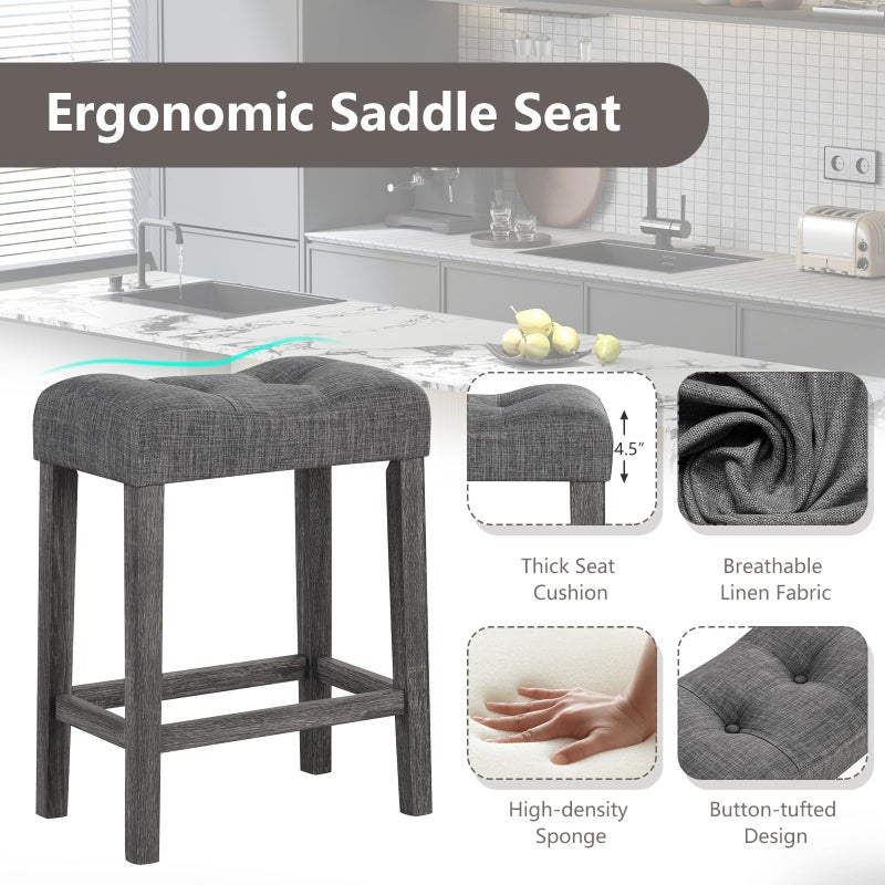 Giantex 24" Bar Stools Set of 4, Backless Counter Height Saddle Bar Stools w/Padded Seat, Solid Rubber Wood Legs, Farmhouse Linen Fabric Upholstered Barstools for Kitchen Counter Island, Cafe, Gray - Image 3
