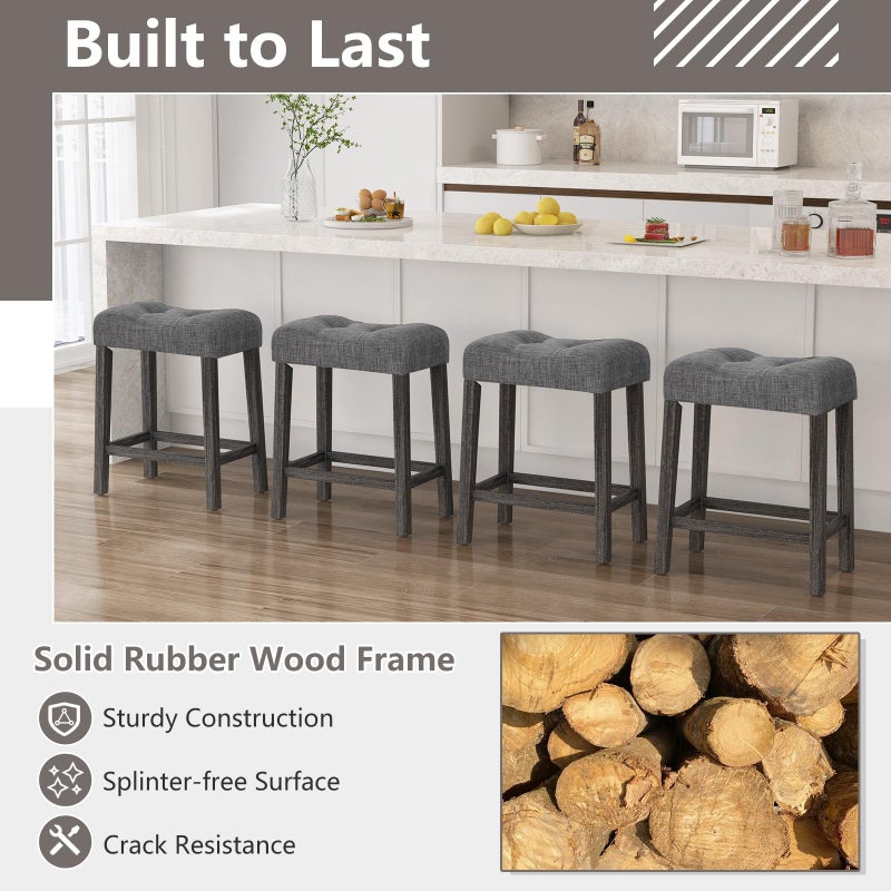 Giantex 24" Bar Stools Set of 4, Backless Counter Height Saddle Bar Stools w/Padded Seat, Solid Rubber Wood Legs, Farmhouse Linen Fabric Upholstered Barstools for Kitchen Counter Island, Cafe, Gray - Image 4