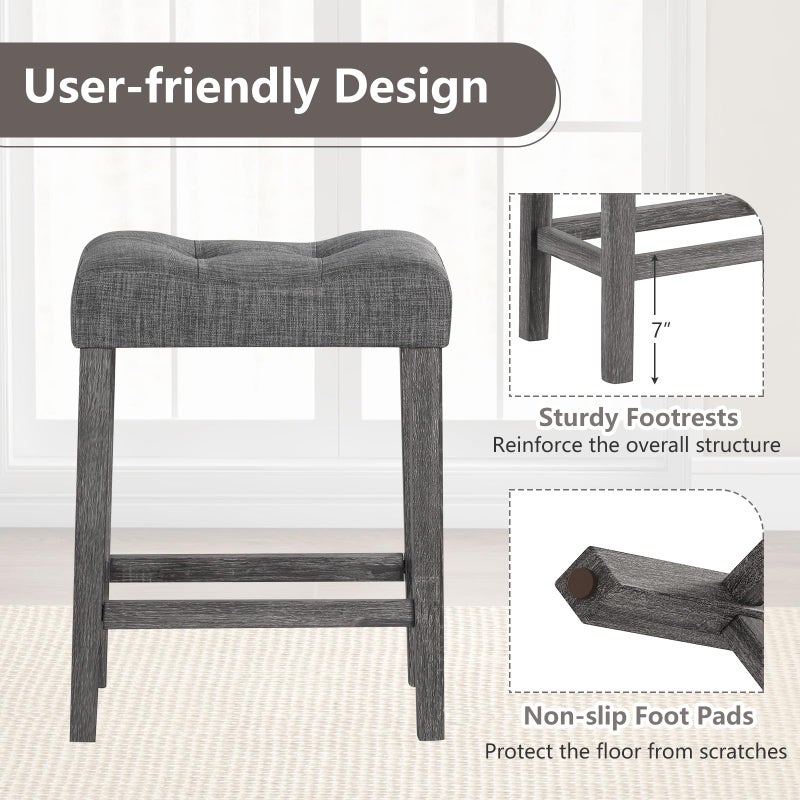 Giantex 24" Bar Stools Set of 4, Backless Counter Height Saddle Bar Stools w/Padded Seat, Solid Rubber Wood Legs, Farmhouse Linen Fabric Upholstered Barstools for Kitchen Counter Island, Cafe, Gray - Image 5