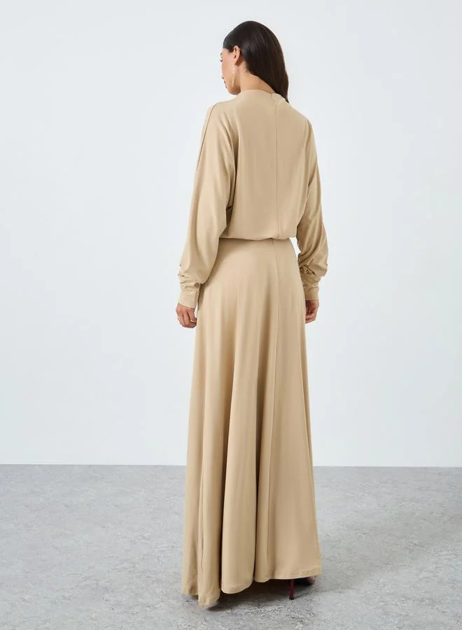 Styli Beige Blouson Draped Maxi Dress