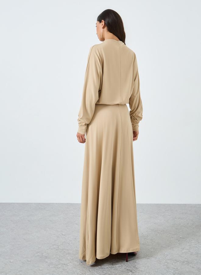 Styli Beige Blouson Draped Maxi Dress - Image 5