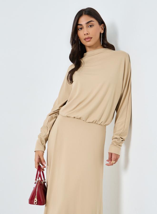 Styli Beige Blouson Draped Maxi Dress - Image 2