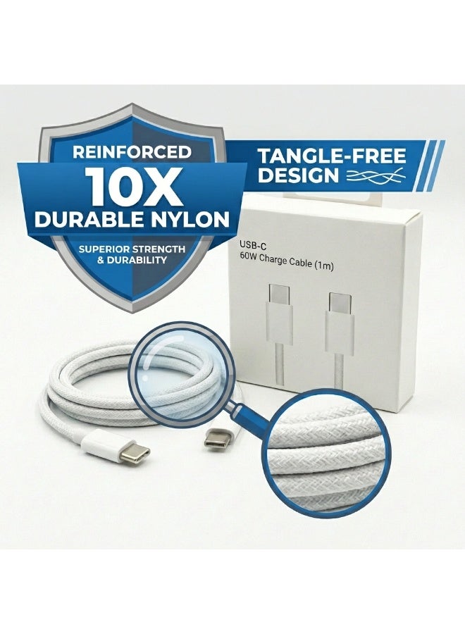كابل من النوع C بطول 1 متر، يدعم الشحن السريع بقوة 60 واط بتقنية Power Delivery (PD)، كابل من النوع C مضفر من النايلون لأجهزة iPhone 15/16/17، وSamsung S25/S24 Ultra، وGoogle Pixel، وiPad Pro/Mini، وMacBook Pro/Air - أبيض - Image 4