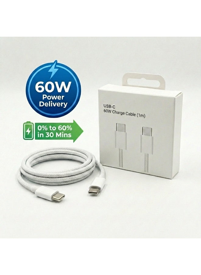 كابل من النوع C بطول 1 متر، يدعم الشحن السريع بقوة 60 واط بتقنية Power Delivery (PD)، كابل من النوع C مضفر من النايلون لأجهزة iPhone 15/16/17، وSamsung S25/S24 Ultra، وGoogle Pixel، وiPad Pro/Mini، وMacBook Pro/Air - أبيض - Image 3