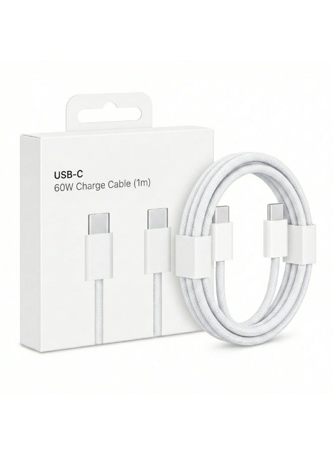 كابل من النوع C بطول 1 متر، يدعم الشحن السريع بقوة 60 واط بتقنية Power Delivery (PD)، كابل من النوع C مضفر من النايلون لأجهزة iPhone 15/16/17، وSamsung S25/S24 Ultra، وGoogle Pixel، وiPad Pro/Mini، وMacBook Pro/Air - أبيض - Image 2