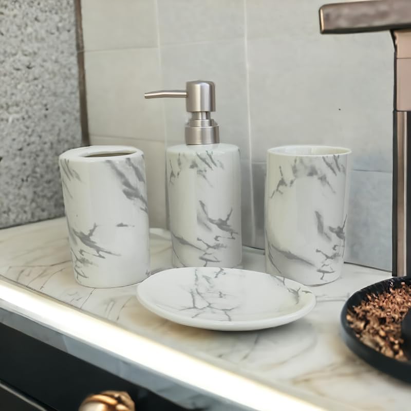 Whizzo Bathroom Accessories Set Ceramic Including 4 Piece Marble Design Bathroom Accessories Set Soap Dispenser Toothbrush Holder Tumbler Soap Dish The Best Gifting Choice Black White - Image 1