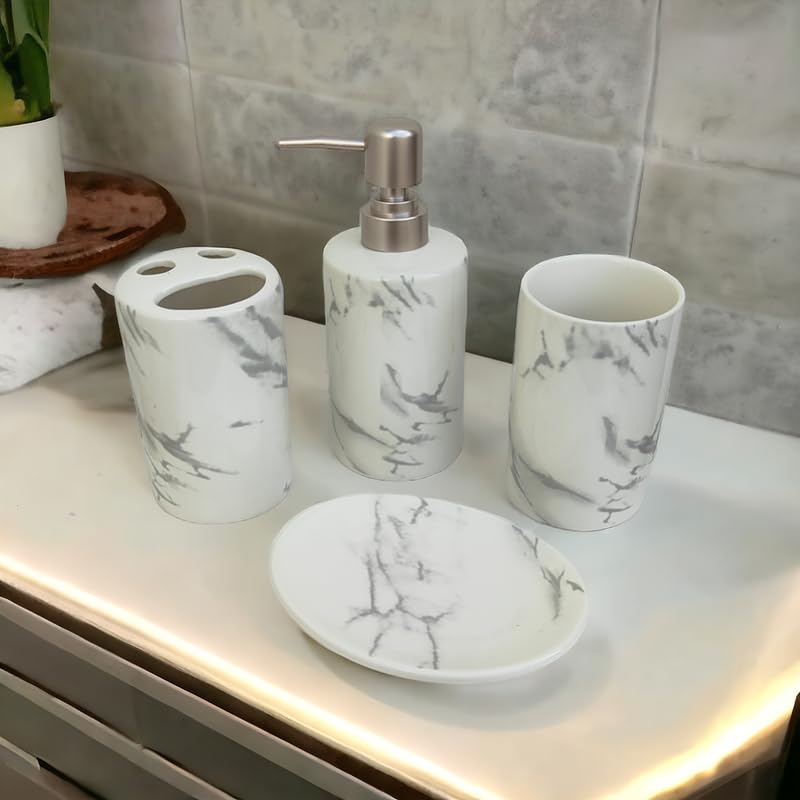 Whizzo Bathroom Accessories Set Ceramic Including 4 Piece Marble Design Bathroom Accessories Set Soap Dispenser Toothbrush Holder Tumbler Soap Dish The Best Gifting Choice Black White - Image 3
