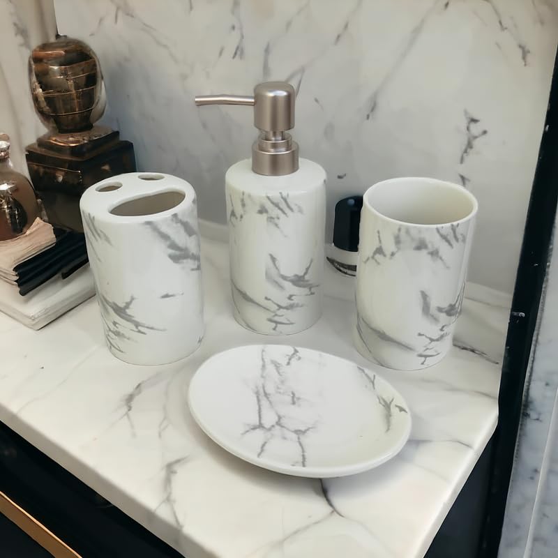 Whizzo Bathroom Accessories Set Ceramic Including 4 Piece Marble Design Bathroom Accessories Set Soap Dispenser Toothbrush Holder Tumbler Soap Dish The Best Gifting Choice Black White - Image 2