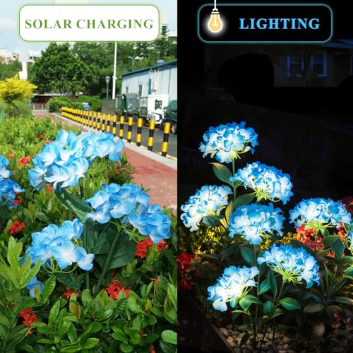 YAODEMA Garden Lights Solar Flower Light, LED Solar Powered Outdoor Light Decor for Path Yard Walkway Patio Balcony Lawn, Hydrangea Artificial Flower (Blue, 2) - Image 2