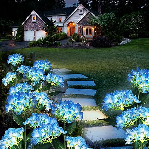 YAODEMA Garden Lights Solar Flower Light, LED Solar Powered Outdoor Light Decor for Path Yard Walkway Patio Balcony Lawn, Hydrangea Artificial Flower (Blue, 2) - Image 3