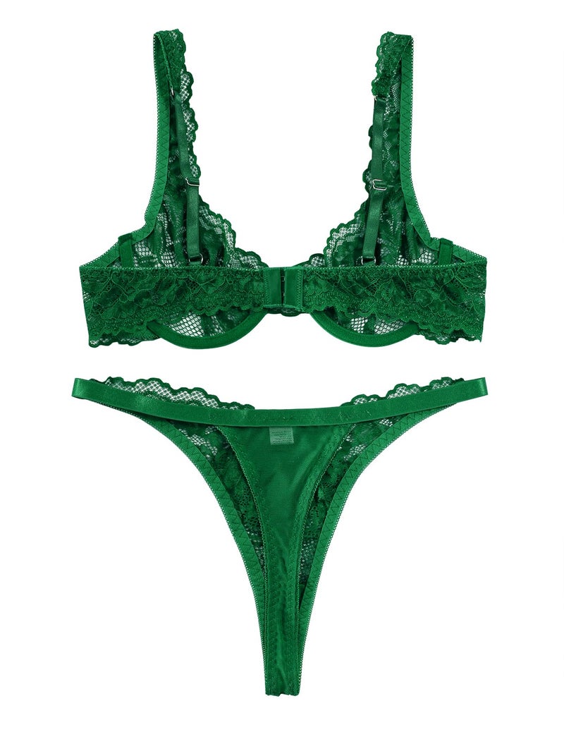 Lilosy Sexy Floral Lace Scallop Underwire Push Up Sheer Lingerie Set Outfits Women See Through Match Thong Bra and Panty 2 Piece Army Green Medium - Image 4