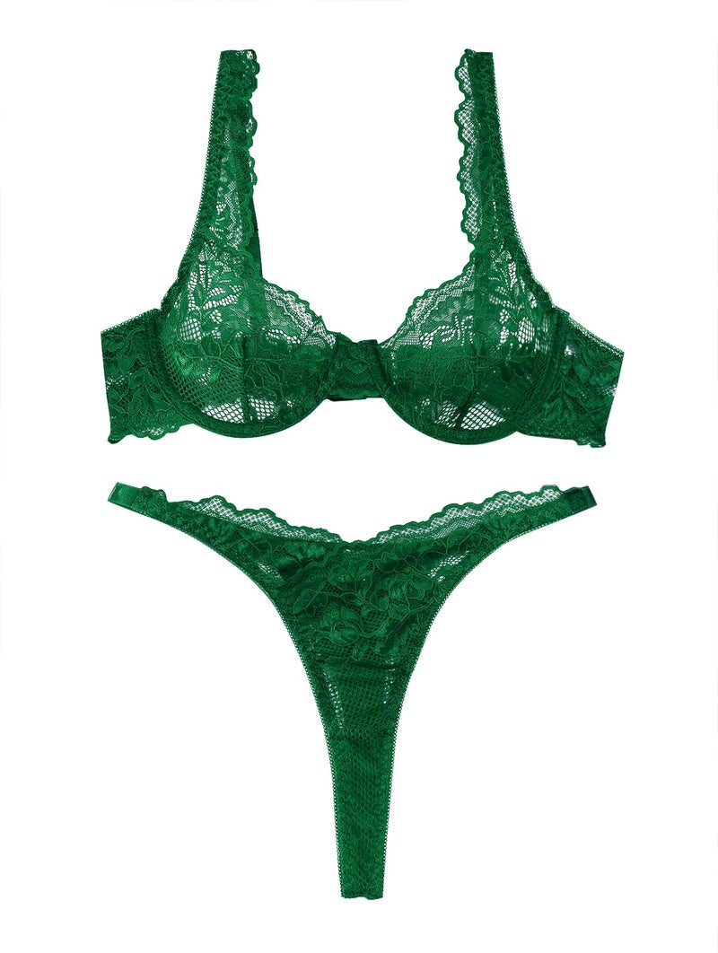 Lilosy Sexy Floral Lace Scallop Underwire Push Up Sheer Lingerie Set Outfits Women See Through Match Thong Bra and Panty 2 Piece Army Green Medium - Image 3