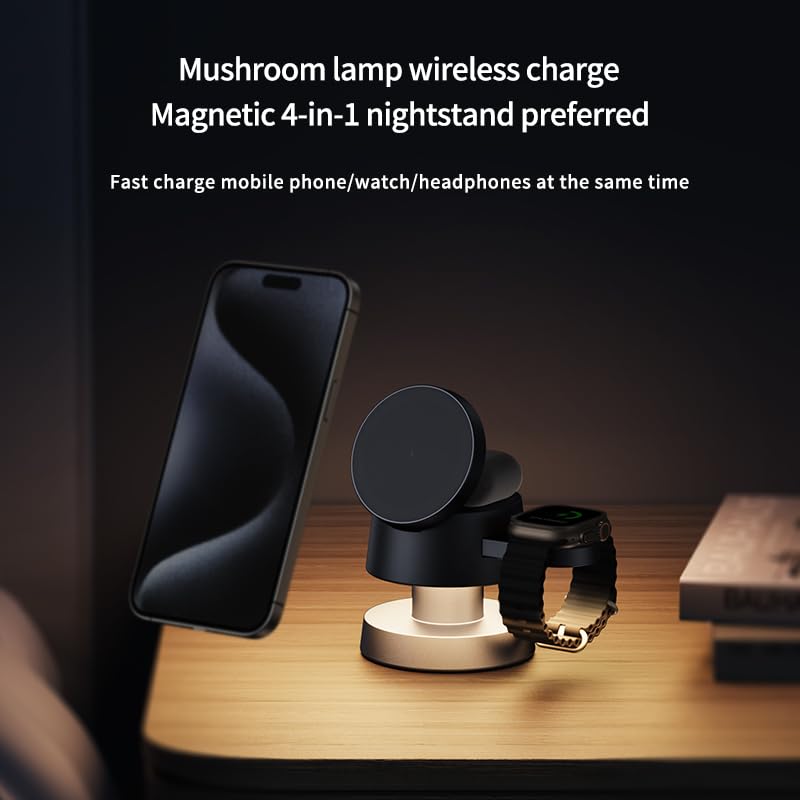 SlimQ 4 in 1 Charging Station 15W Wireless Charger with Mushroom Lamp Compatible with iPhone 12-16 Series, Apple Watches, Apple Earphones - Image 5