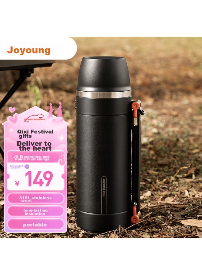 Joyoung زجاجة جويونغ المعزولة، ستانلس ستيل 316L، ترمس بسعة كبيرة، زجاجة سفر خارجية، 2L WR566 (أسود) - Image 1