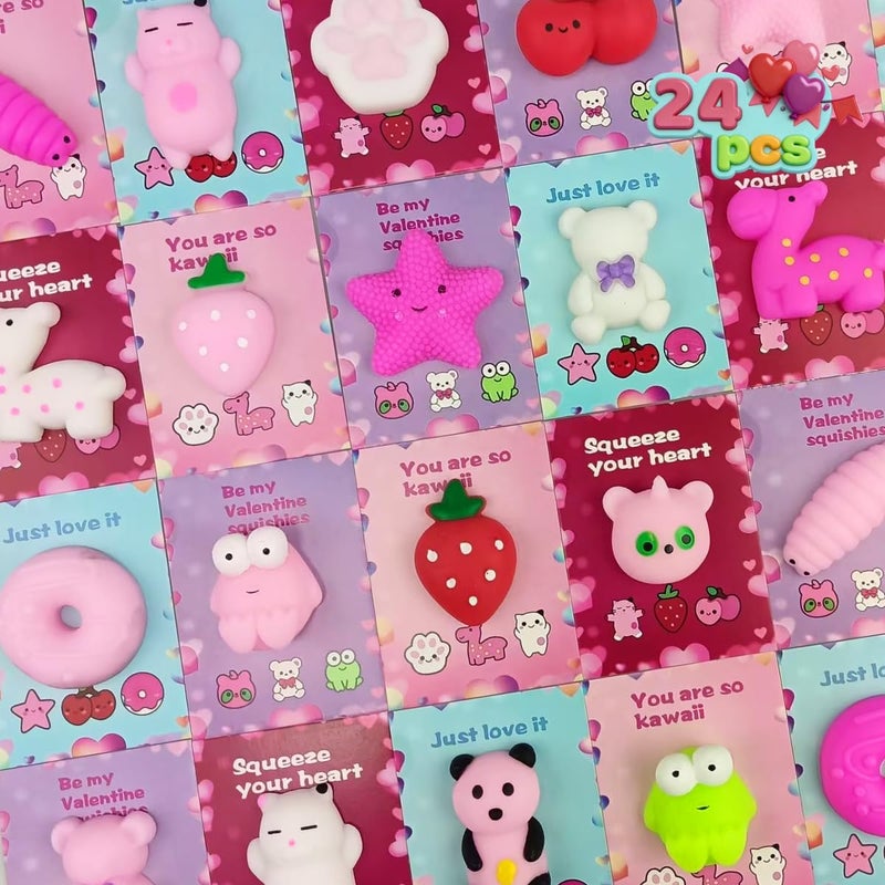 Jofan 24 PCS Valentines Cards with Mochi Squishy Toys Squishies for Kids Valentines Day School Class Classroom Gifts Prizes Party Favors - Image 3