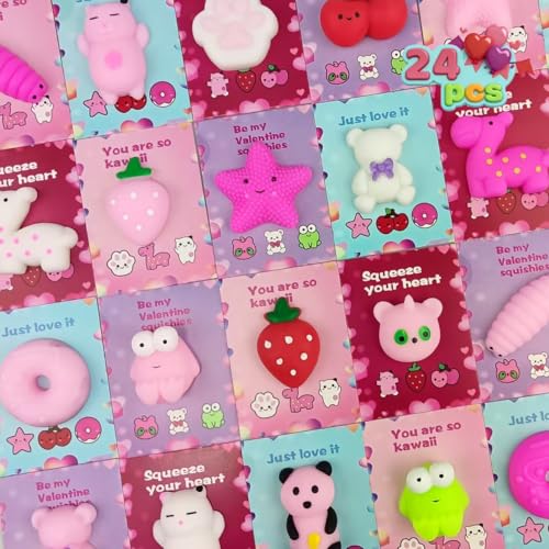 Jofan 24 PCS Valentines Cards with Mochi Squishy Toys Squishies for Kids Valentines Day School Class Classroom Gifts Prizes Party Favors - Image 1