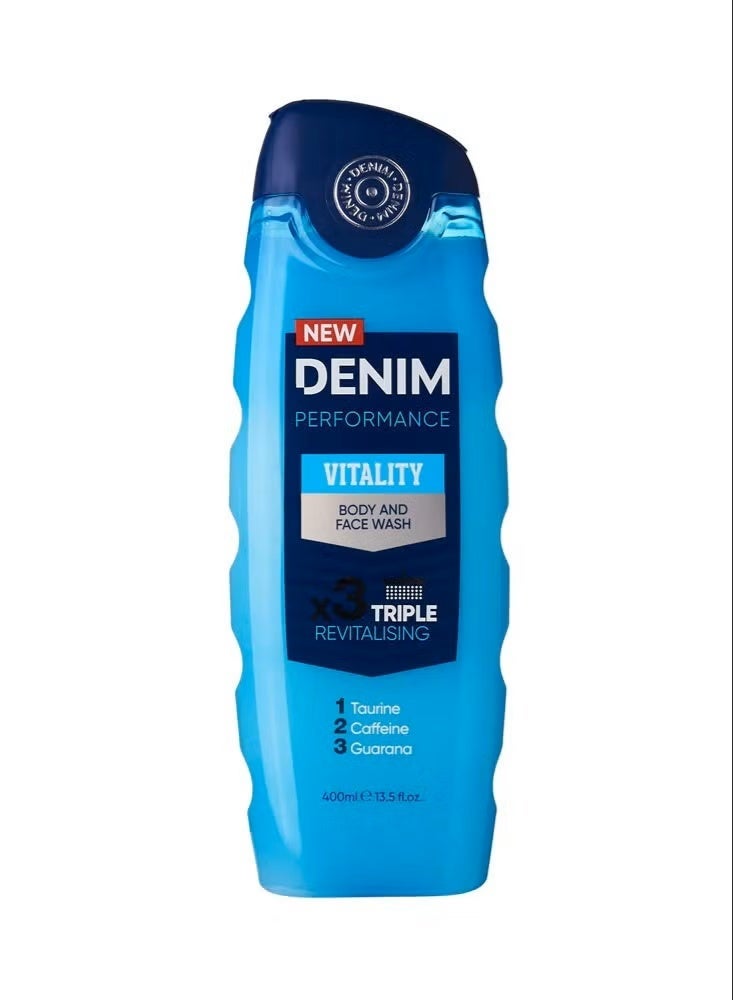 Denim PERFORMANCE VITALITY BODY AND FACE WASH X3 TRIPLE REVITALIZING 1 Taurine 2 Caffeine 3 Guarana 400ml - Image 2