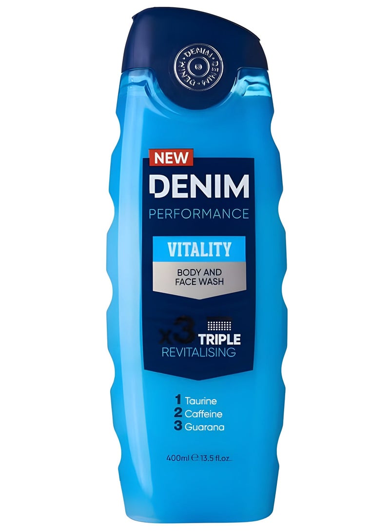 Denim PERFORMANCE VITALITY BODY AND FACE WASH X3 TRIPLE REVITALIZING 1 Taurine 2 Caffeine 3 Guarana 400ml - Image 1