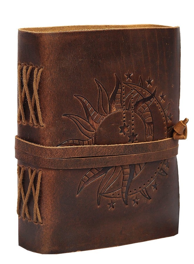 CREATIVE LEATHER ART كراسة رسم جلدية عتيقة بنقش الشمس والقمر من كرييتيف ليذر آرت، ورق بني مخطط، مقاس 7 × 5 بوصة، 240 صفحة - Image 1
