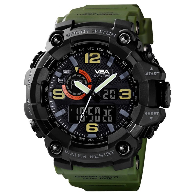 V2A Resin Military Green Analog Digital Sport Watches For Men And Boys (Black Dial Green Colored Strap), Black Band - Image 2