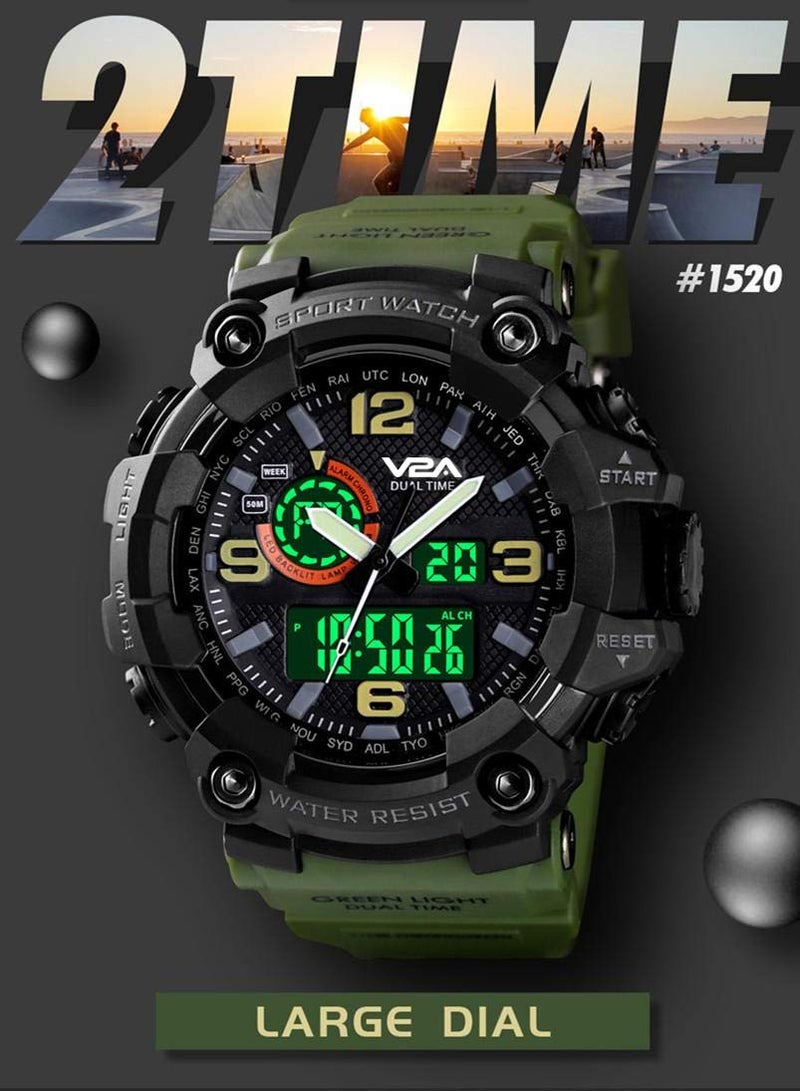 V2A Resin Military Green Analog Digital Sport Watches For Men And Boys (Black Dial Green Colored Strap), Black Band - Image 3