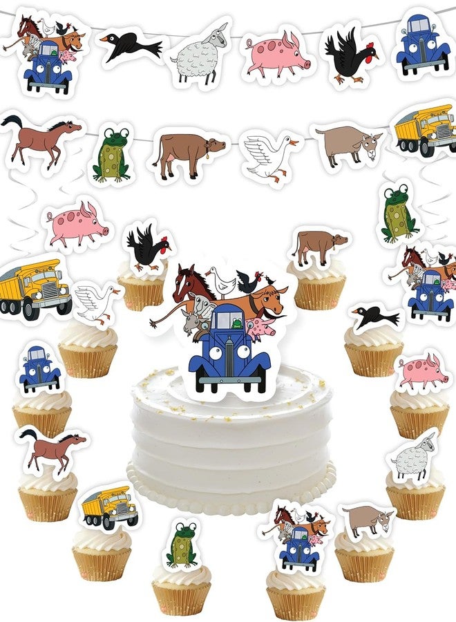 PartyKandy Farm Animal Birthday Party Decorations with Blue Truck (42 Pieces) Birthday Party Banner Cake Topper Cupcake Toppers and Hanging Swirls - Image 1