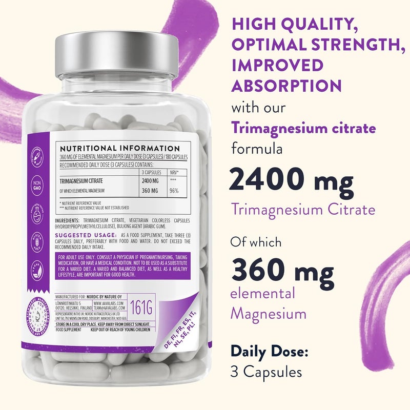 Aavalabs Magnesium Supplements for Women and Men 2400mg per Daily Dose 360mg Elemental 180 Magnesium Citrate Capsules 3 Capsules Per Day Vegan - Image 4