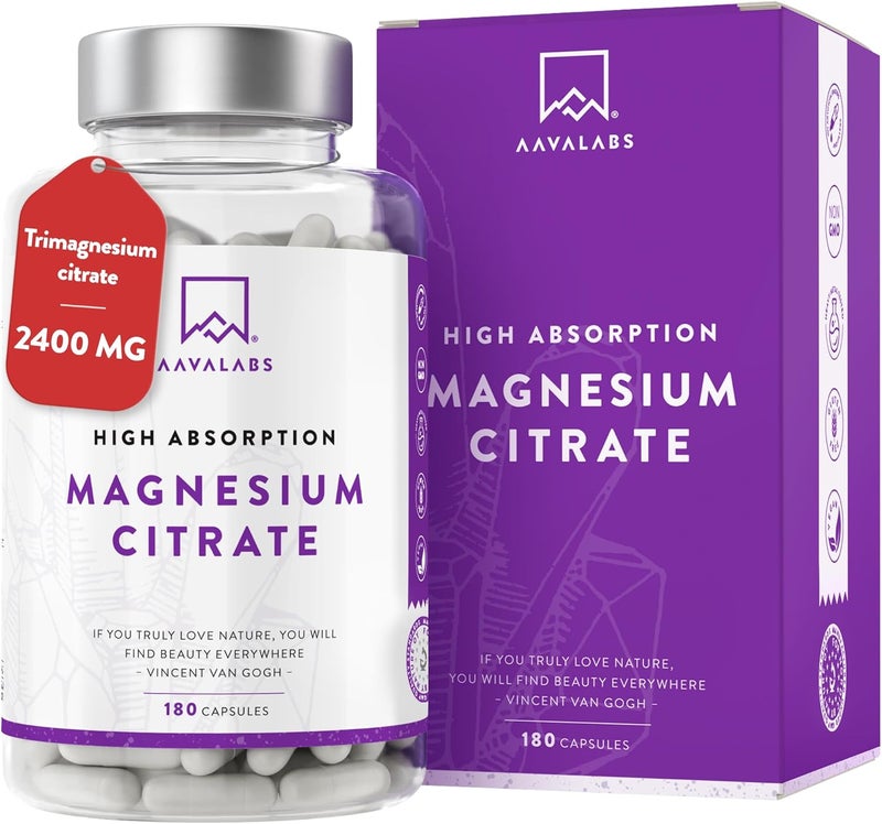Aavalabs Magnesium Supplements for Women and Men 2400mg per Daily Dose 360mg Elemental 180 Magnesium Citrate Capsules 3 Capsules Per Day Vegan - Image 1