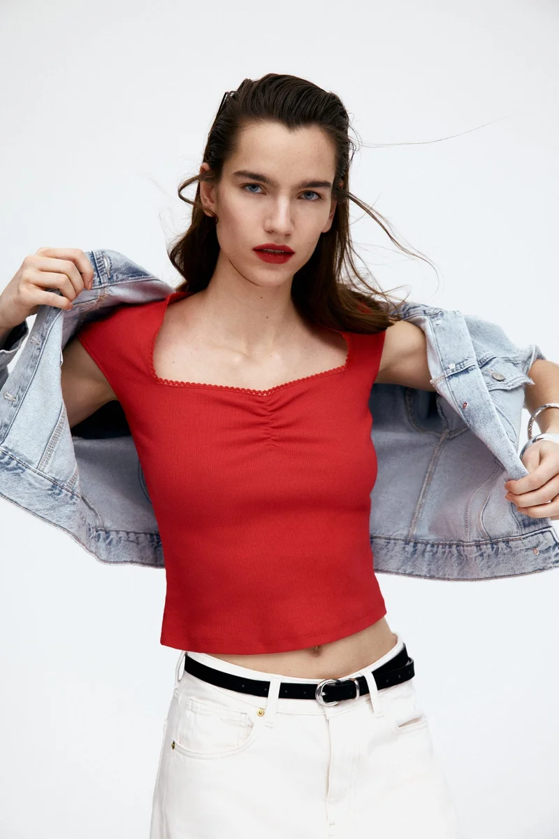 H&M Ribbed sweetheart-neck top