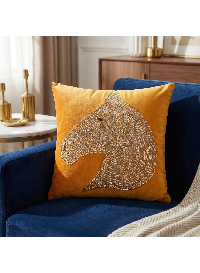 Set of 2 45x45cm Orange Velvet Horse Head Rhinestone Pillow Cover | Luxurious Animal Embroidery Decorative Cushion for Sofa, Bed, Living Room (No Insert Included) - Image 1
