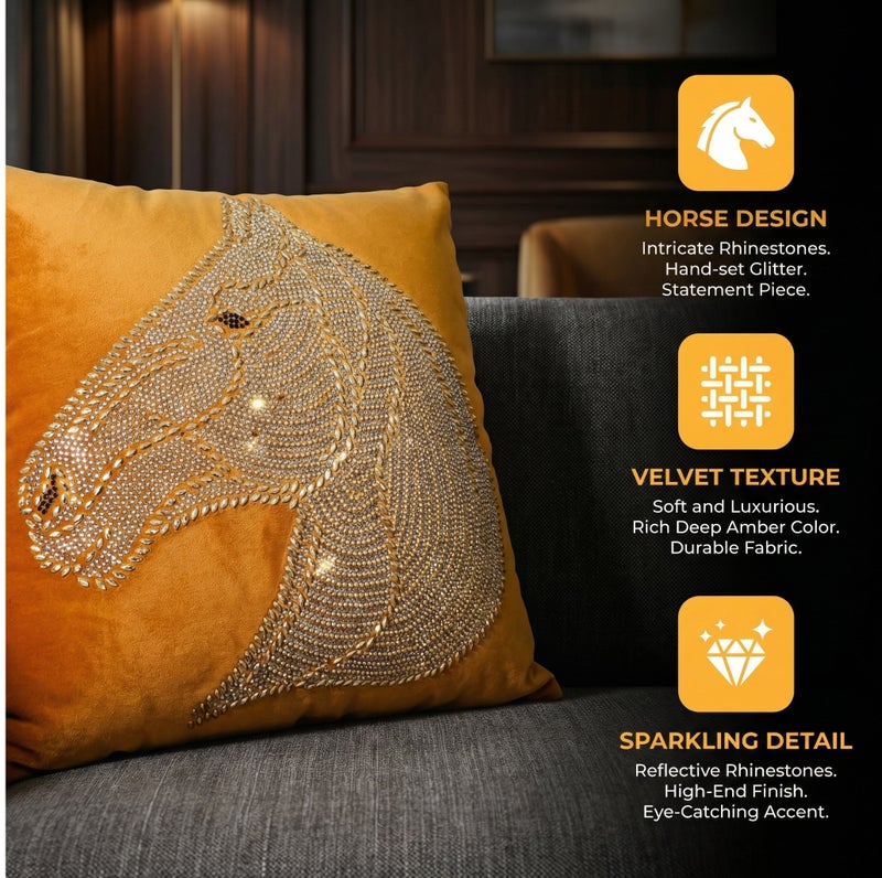 Set of 2 45x45cm Orange Velvet Horse Head Rhinestone Pillow Cover | Luxurious Animal Embroidery Decorative Cushion for Sofa, Bed, Living Room (No Insert Included) - Image 2