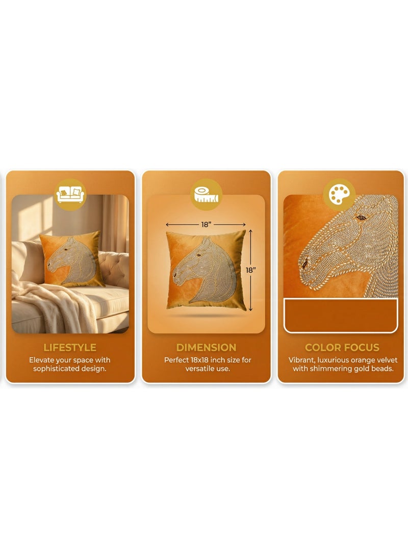 Set of 2 45x45cm Orange Velvet Horse Head Rhinestone Pillow Cover | Luxurious Animal Embroidery Decorative Cushion for Sofa, Bed, Living Room (No Insert Included) - Image 3